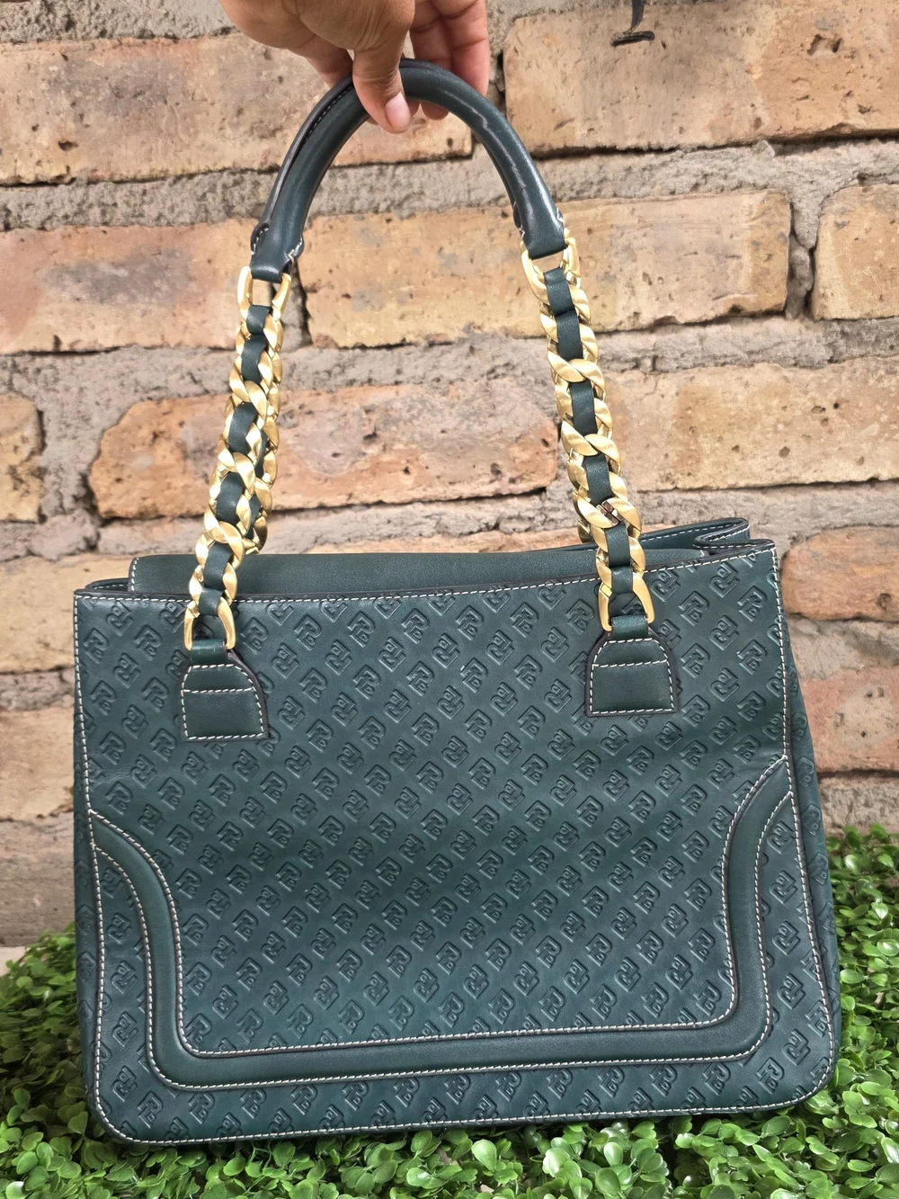 POWERLAND Forest Green Embossed Monogram Tote Bag Gold Chain Straps